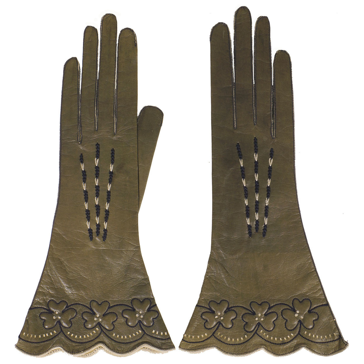 Vintage 1920s Olive Green Leather Gloves