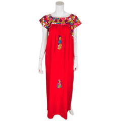 Vintage 70s Mexican Maxi Dress Red Cotton Hazme Si Puedes
