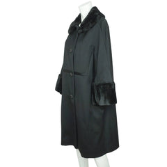 Vintage 1960s Black Wool Coat by Miss Style Faux Fur Trim Ladies Size L - Poppy's Vintage Clothing