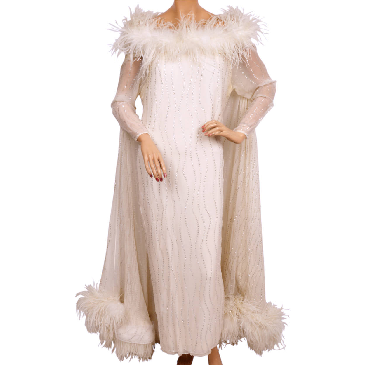 Vintage 1960s White Chiffon Evening Gown with Ostrich Feather Trim and Poppy's Vintage Clothing Vintage 1960s White Chiffon Evening Gown with Ostrich Feather Trim and Poppy's Vintage Clothing