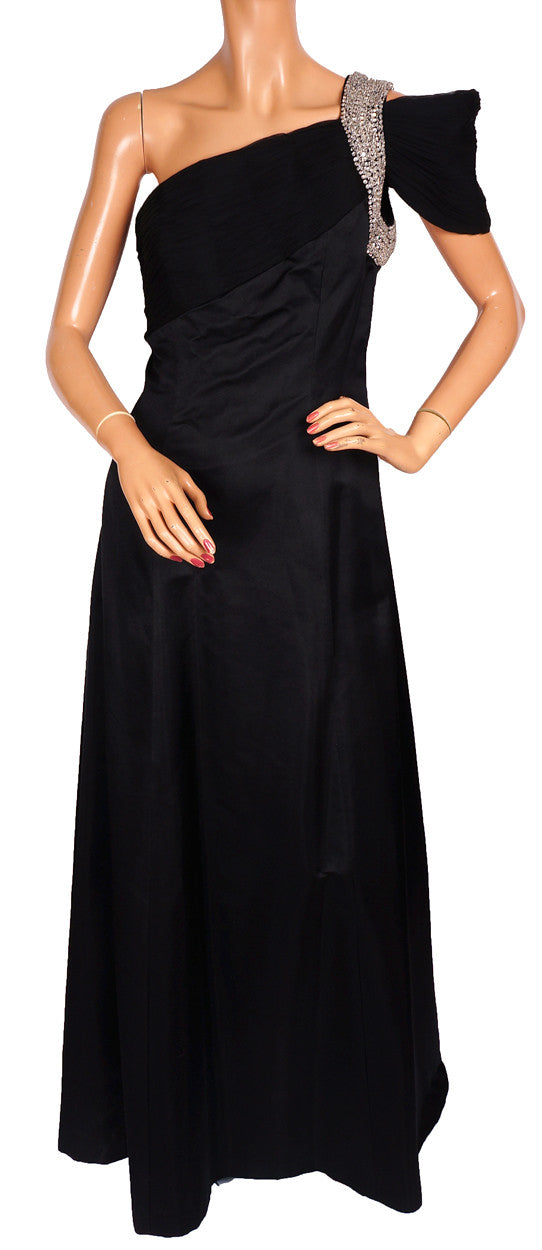 Vintage 1980s Black Silk Evening Gown One Shoulder with Rhinestones Ro Poppy's Vintage Clothing Vintage 1980s Black Silk Evening Gown One Shoulder with Rhinestones Ro Poppy's Vintage Clothing