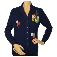 Vintage 1960s Scottish Cashmere Sweater with Pansy Flower Intarsia Pattern M - Poppy's Vintage Clothing