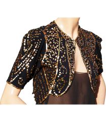 Vintage 30s Gold Sequin Bolero Jacket - 1930s Evening Sequined Black Silk Crepe S - Poppy's Vintage Clothing