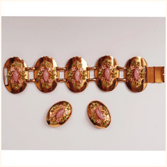 Vintage 1950s Enamel Copper and Pink Glass Stones Bracelet and Earrings - Poppy's Vintage Clothing