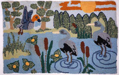 Vintage 1930s Hooked Rug Duck Pond Scene Folk Art - Poppy's Vintage Clothing