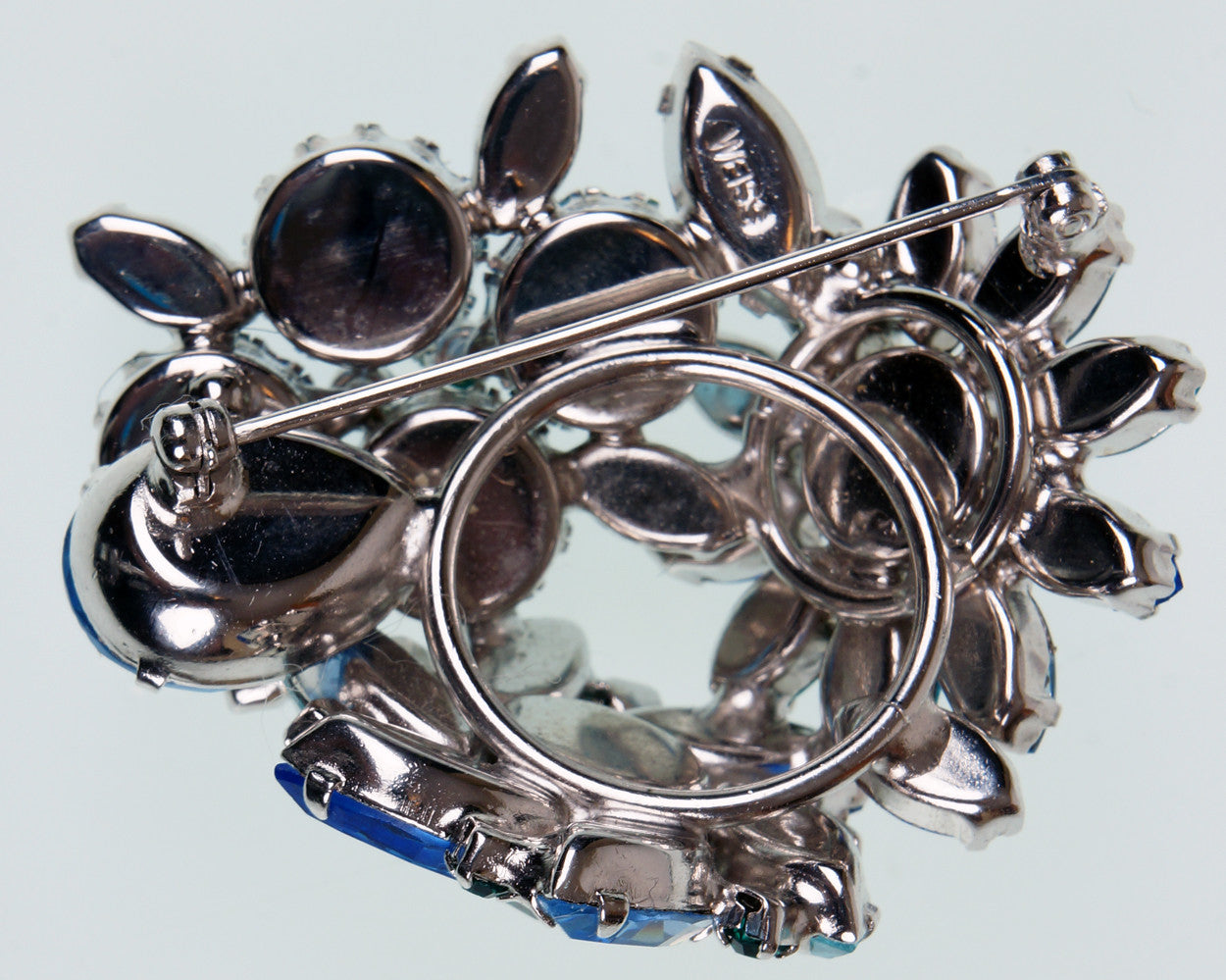 Weiss 50s Vintage Rhinestone Brooch Ice Blue & Green Stones on Silver Rhodium Setting - Poppy's Vintage Clothing