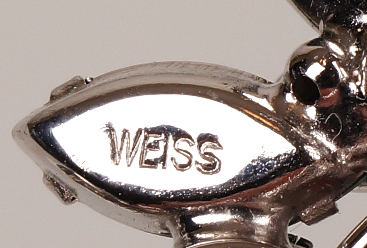 Weiss 50s Vintage Rhinestone Brooch Ice Blue & Green Stones on Silver Rhodium Setting - Poppy's Vintage Clothing