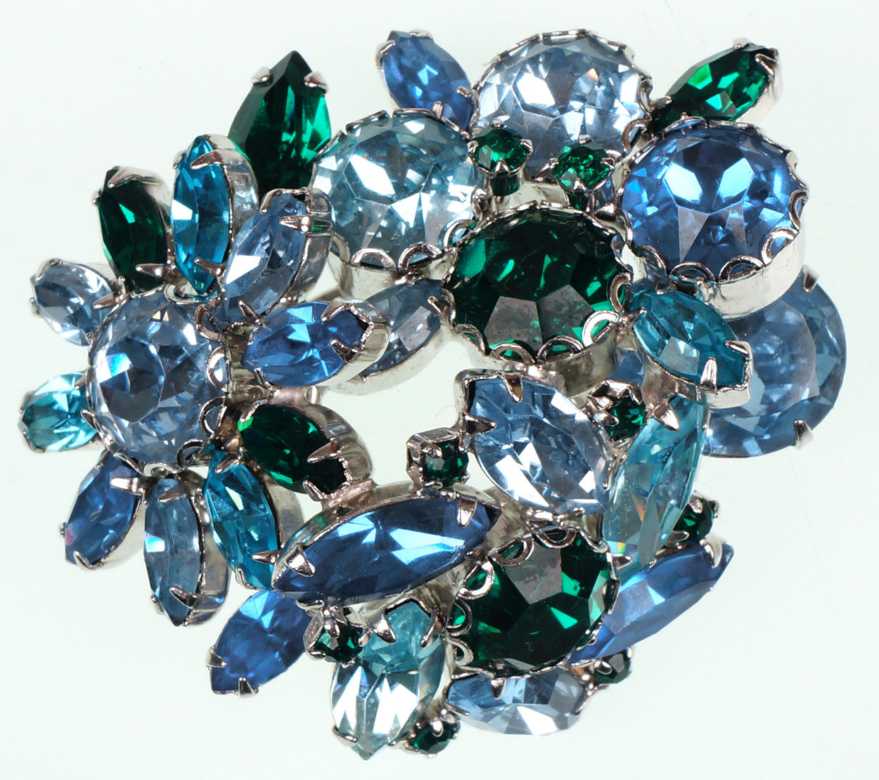 Weiss 50s Vintage Rhinestone Brooch Ice Blue & Green Stones on Silver Rhodium Setting - Poppy's Vintage Clothing