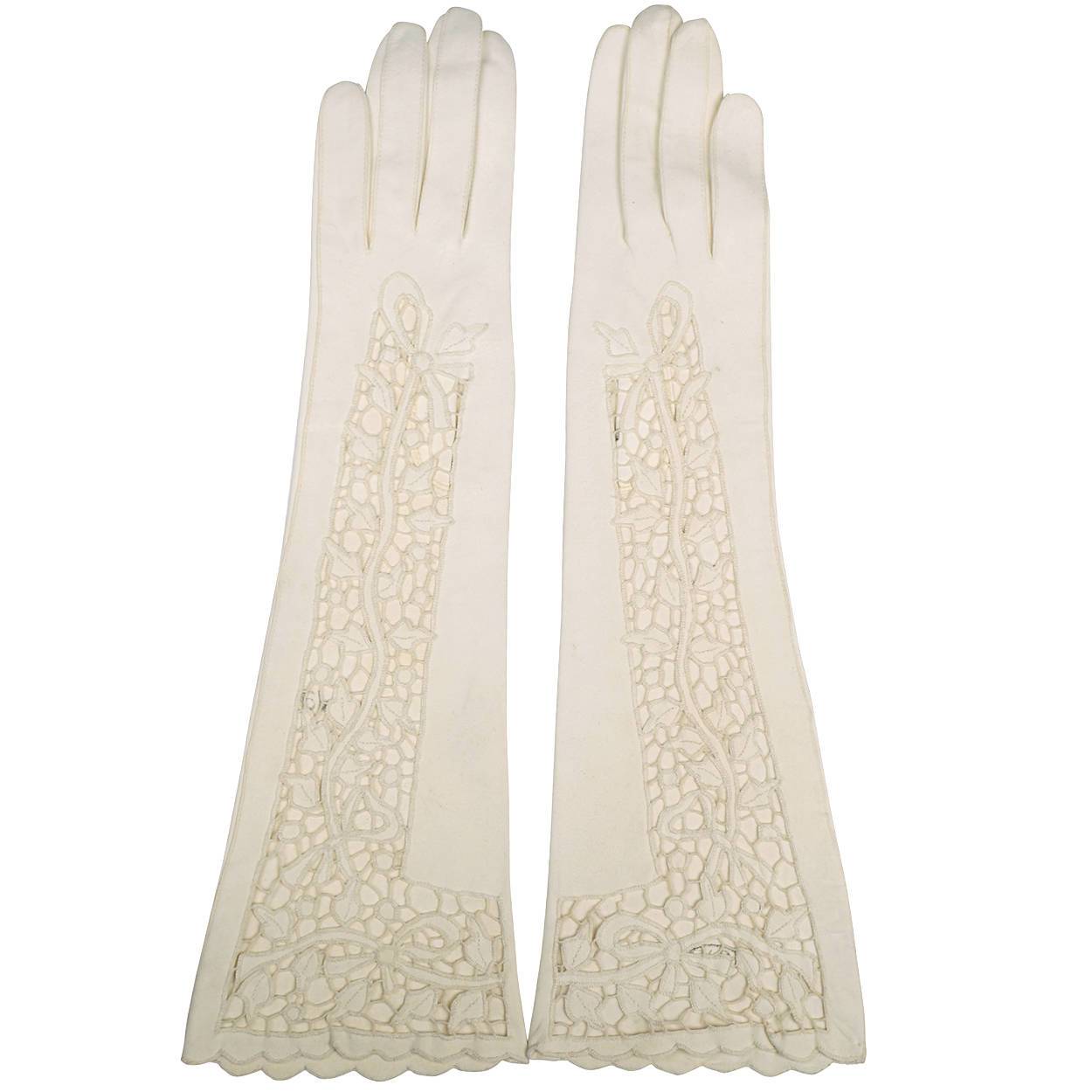 50er handschuhe Vintage 1950er Weiße Antilopenleder Cutwork-Spitzenhandschuhe Größe 6, – Poppy's Vintage Clothing