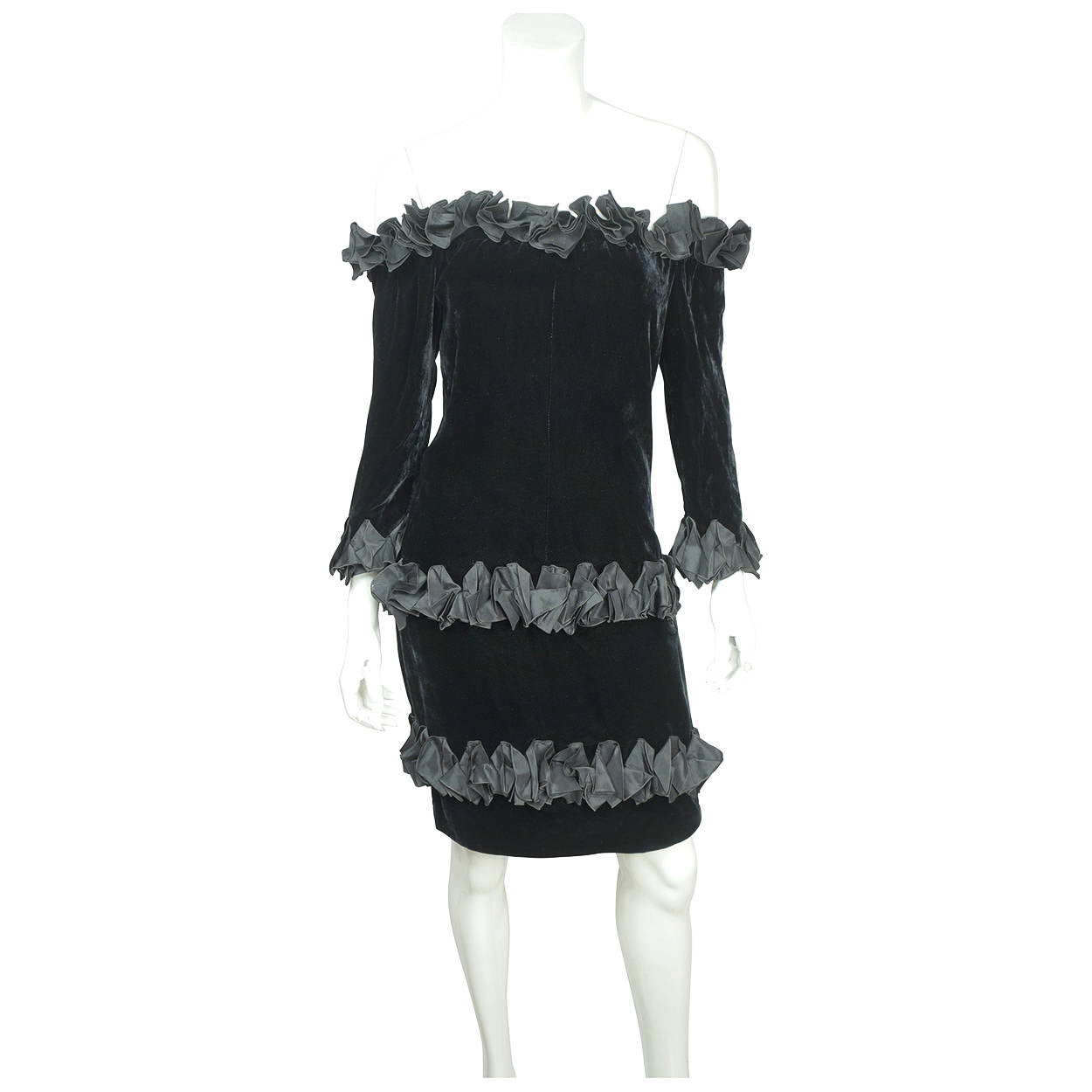 Vintage 1980s Yves Saint Laurent Dress in Black Velvet with Ruffles Size M - Poppy's Vintage Clothing