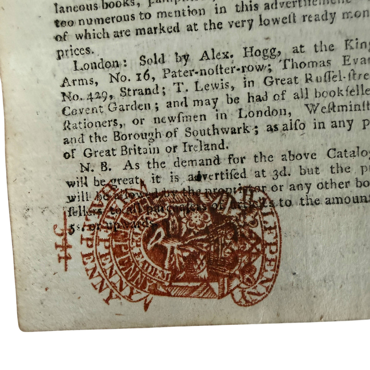 British HALF PENNY newspaper revenue tax stamp 1792 London Chronicle