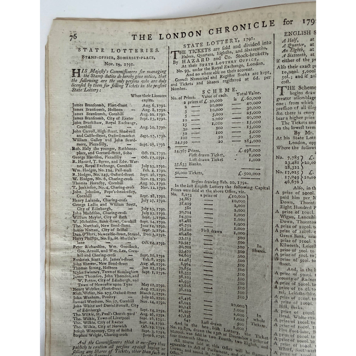 1792 British State Lottery article London Chronicle Georgian newspaper