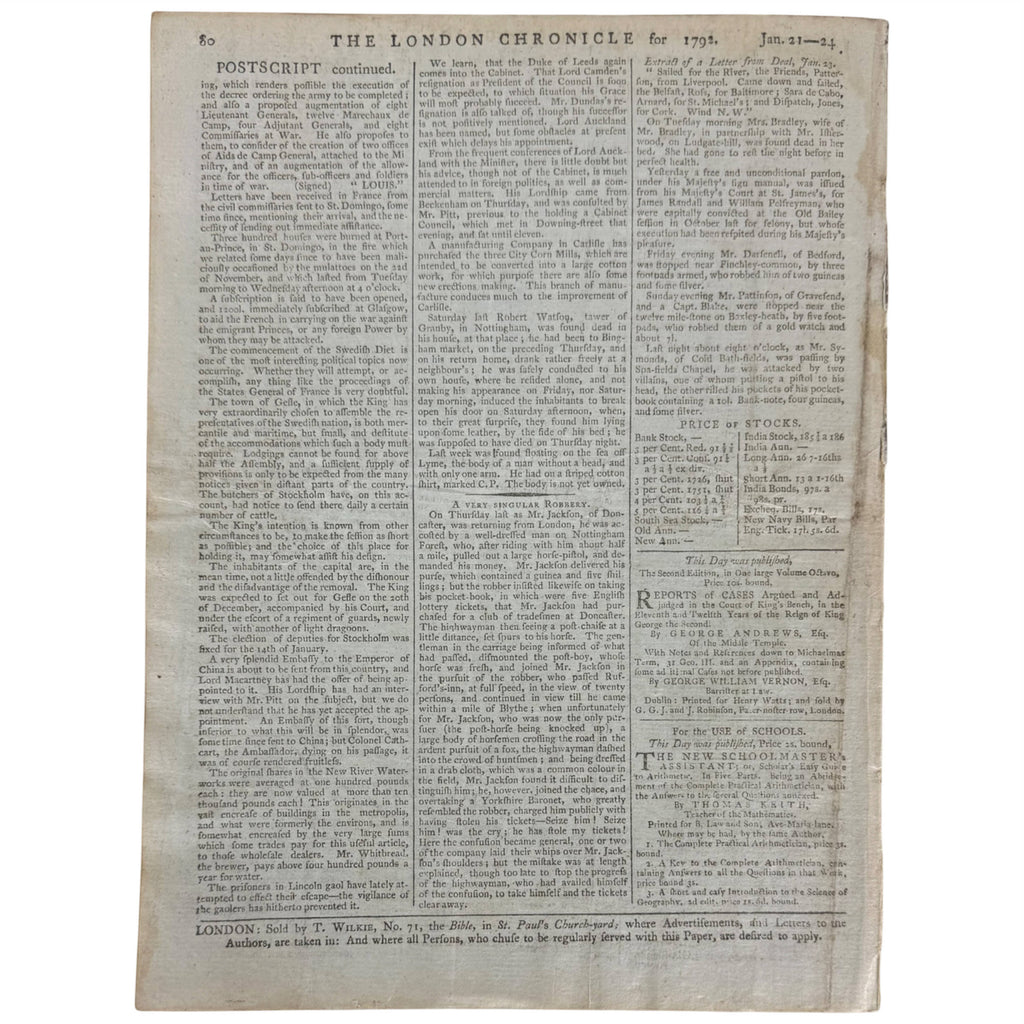 1792 London Chronicle Georgian British news advertisements and stock prices