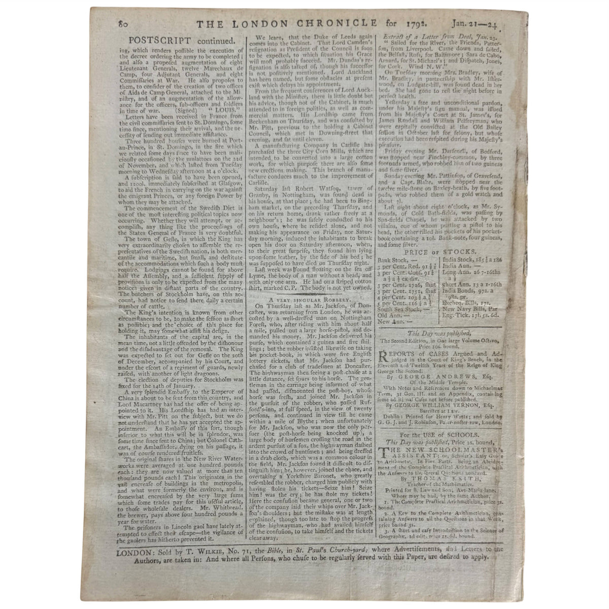 1792 London Chronicle Georgian British news advertisements and stock prices
