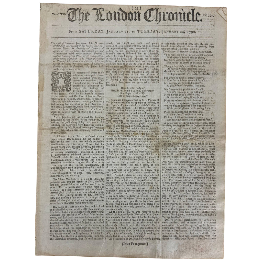 1792 The London Chronicle newspaper January 21-24 1792 front page
