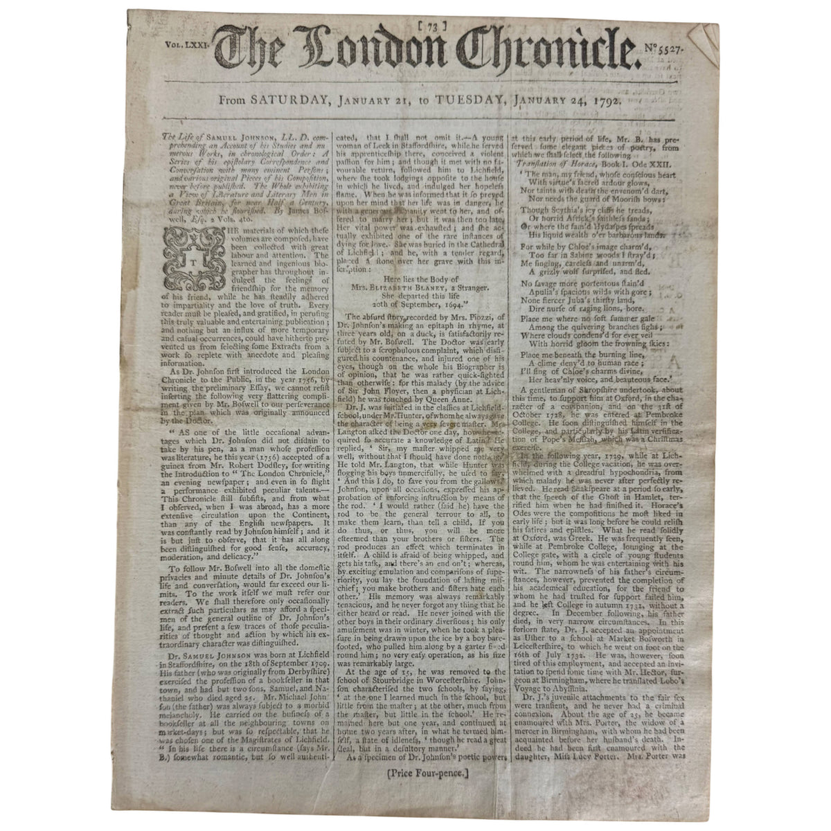 1792 The London Chronicle newspaper January 21-24 1792 front page