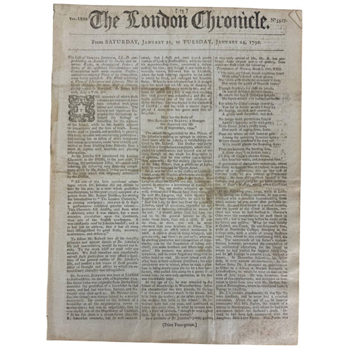 1792 The London Chronicle newspaper January 21-24 1792 front page