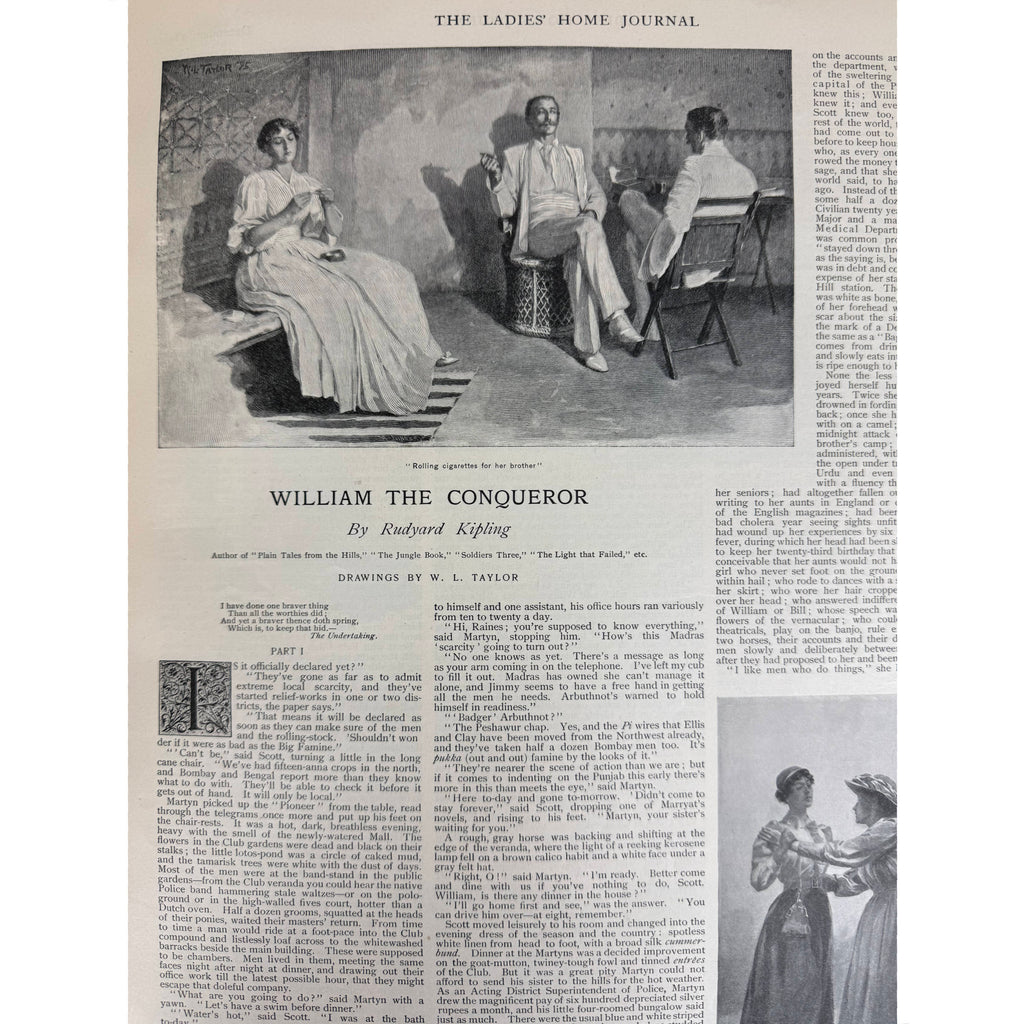 A vintage printed page from The Ladies' Home Journal featuring an illustration and text from William The Conqueror by Rudyard Kipling, with two small inset figures and columns of printed text on an aged off-white paper background.