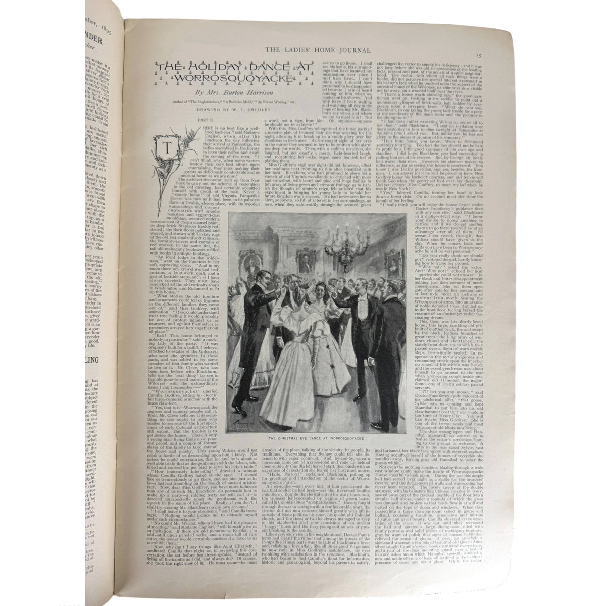 An open 1895 Ladies Home Journal showing a printed page with a story titled The Holiday Dance of Worrosquoyacke