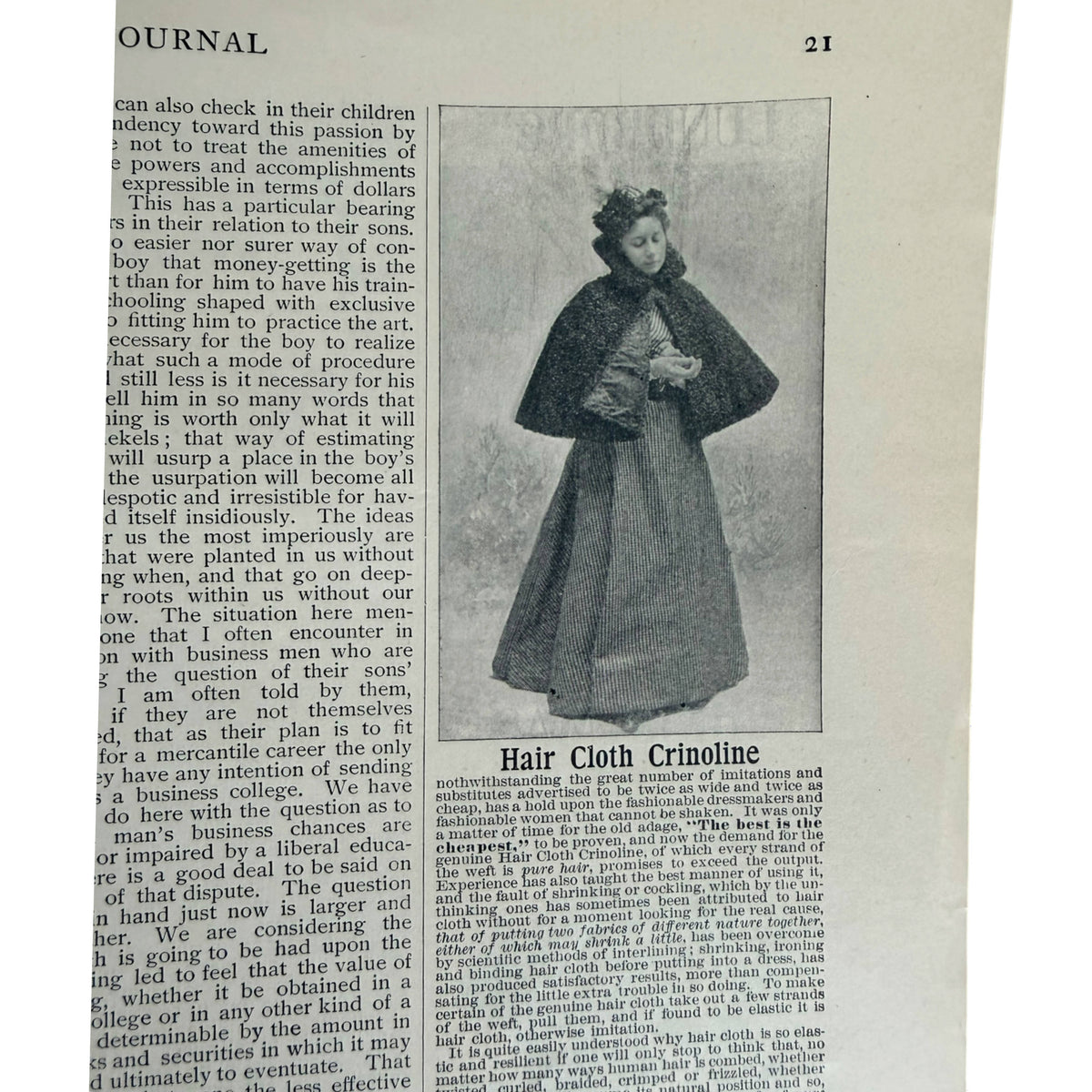 A 1895 Ladies Home Journal  with an ad for a 'Hair Cloth Crinoline' 