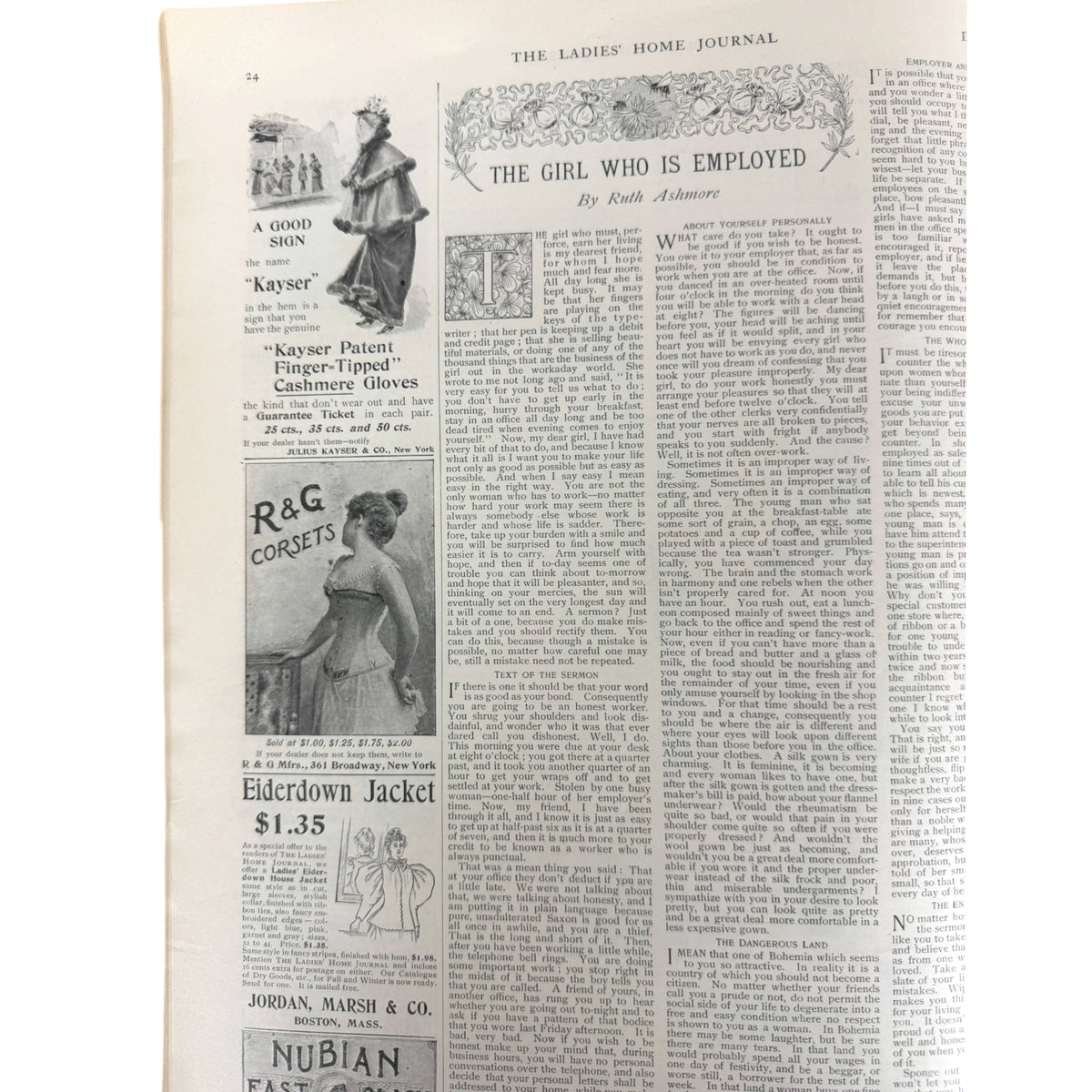 A vintage printed page from The Ladies' Home Journal Christmas 1895 edition featuring multiple newspaper advertisements, including one for R&G Corsets and another for a keyser patent finger-tipped cashmere glove.