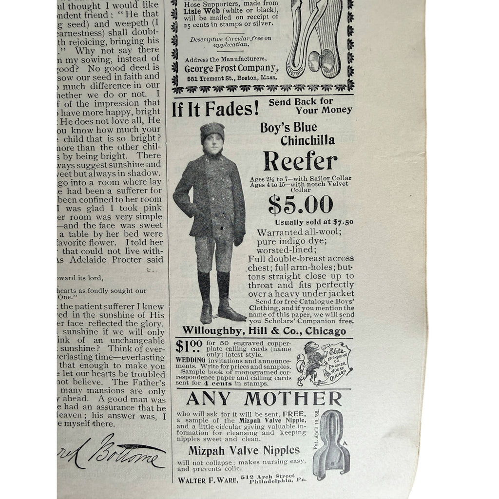A vintage advertisement page in the 1895 Ladies Home Journal  for a 'Boy's Blue Chinchilla Reefer' and another for 'Mizpah Valve Nipples.'.