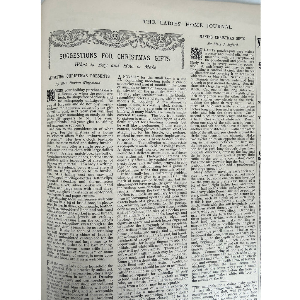 A vintage printed page from the 1895 Christmas edition of The Ladies Home Journal featuring holiday gift suggestions