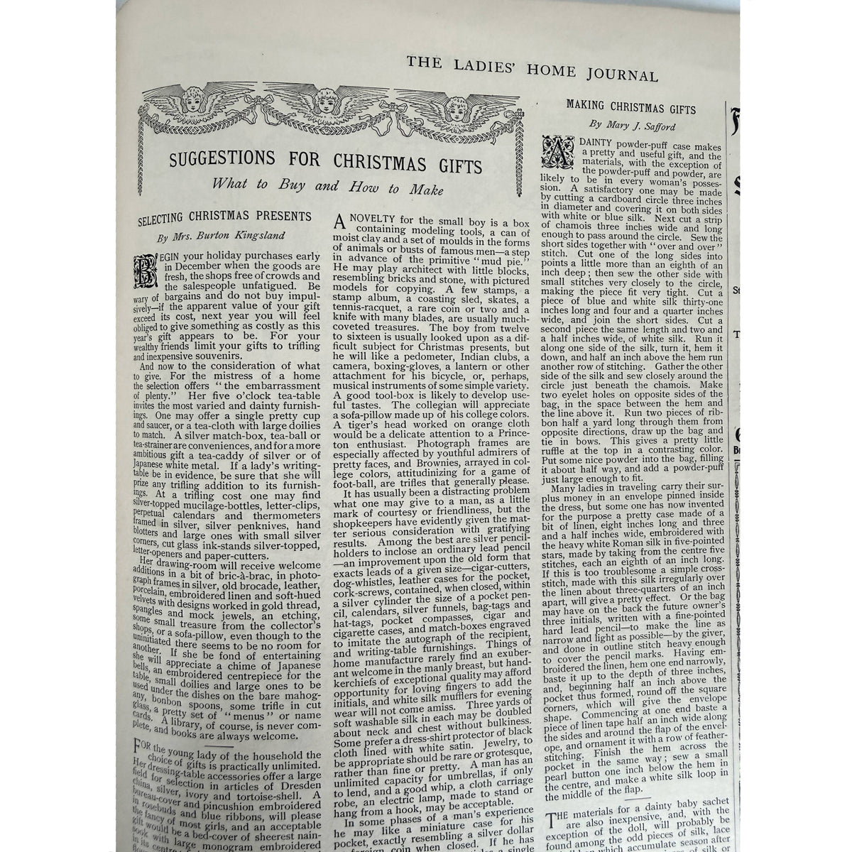 A vintage printed page from the 1895 Christmas edition of The Ladies Home Journal featuring holiday gift suggestions