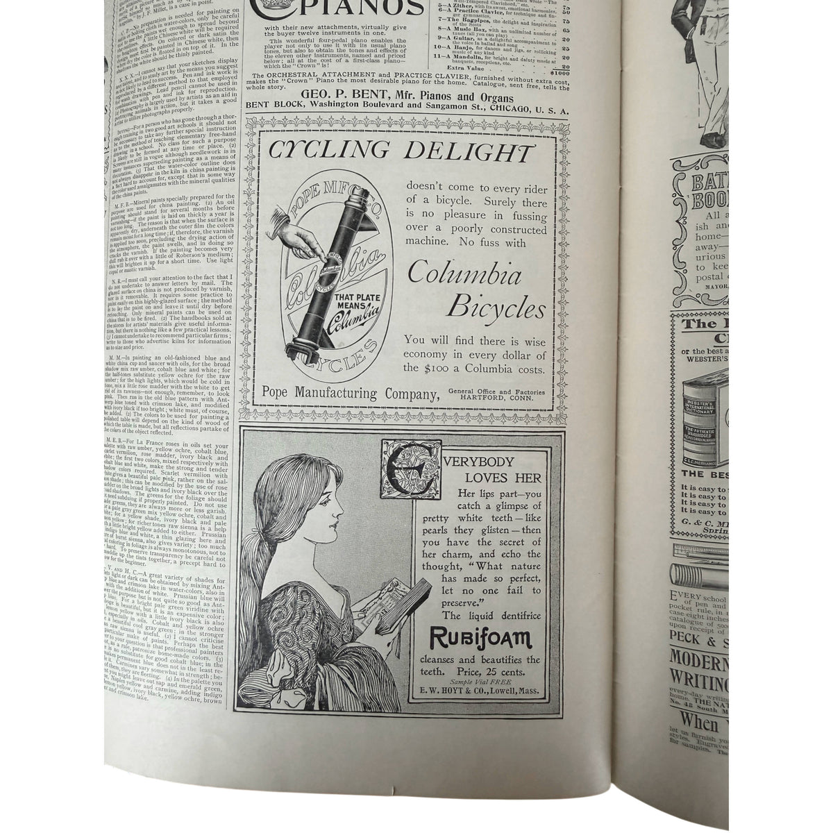 'Cycling Delight' ad for Columbia Bicycles and a lower advertisement for Rubifoam in the 1895 Ladies Home Journal 