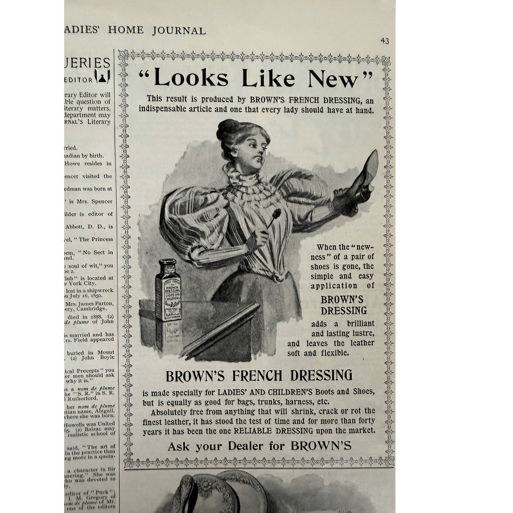 An advertisement for Brown's French Dressing, featuring an illustration of a woman in a striped dress holding a boot, with text promoting the product from the 1895 Ladies Home Journal 