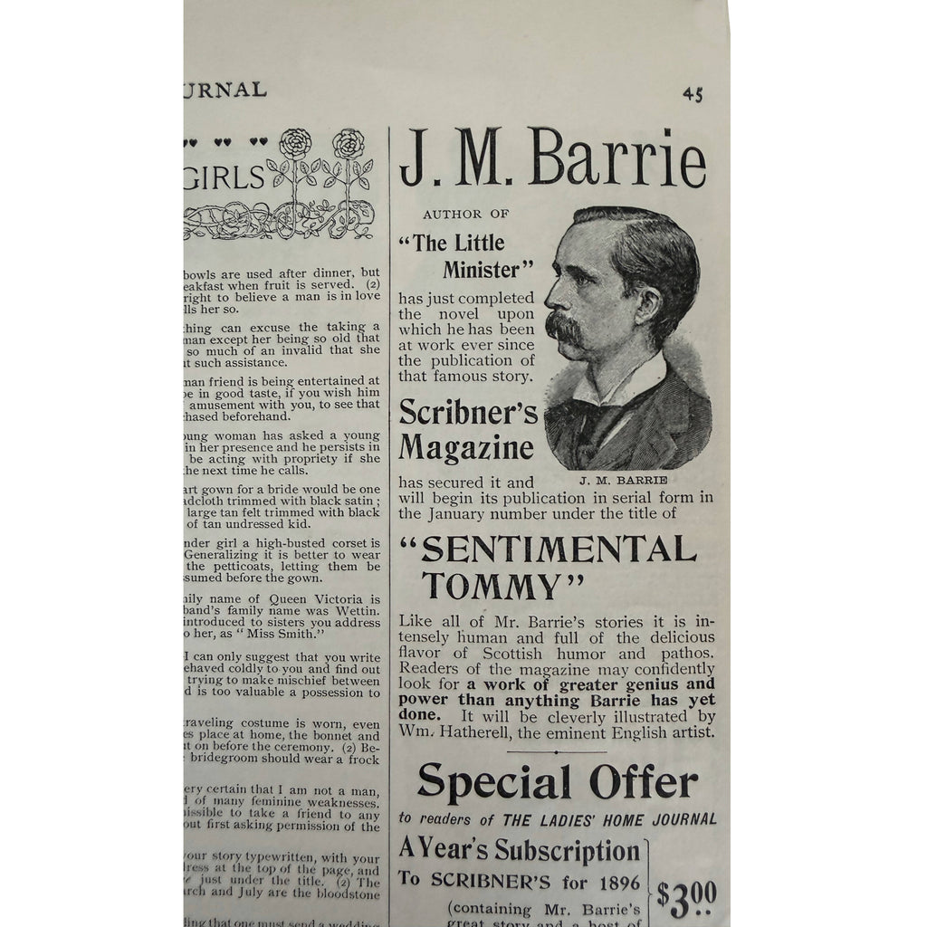 An advertisement featuring J.M. Barrie in Scribner's Magazine placed in the 1895 Ladies Home Journal 