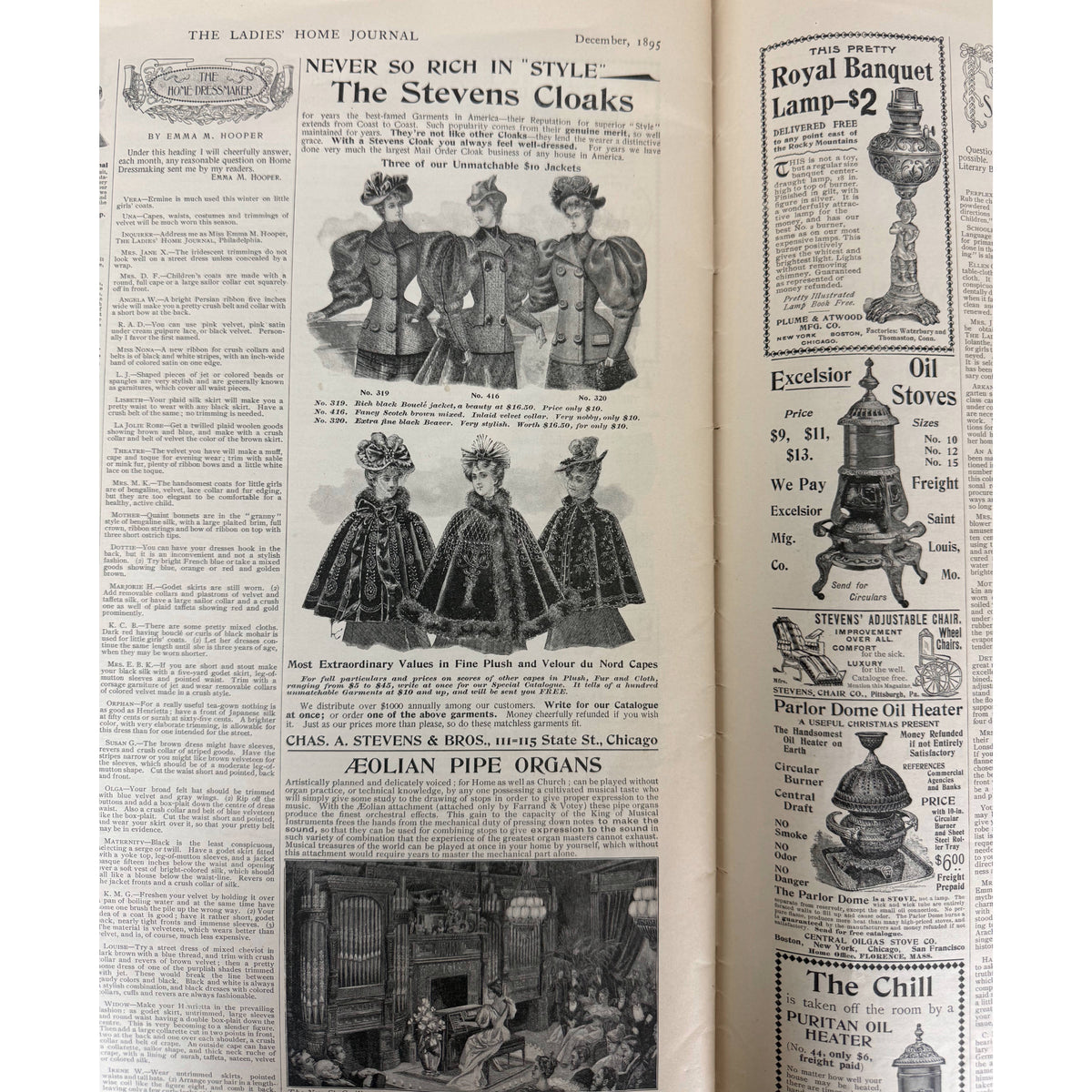 Printed advertisements including one for 'The Stevens Cloaks' and other antique-style product ads from the 1895 Ladies Home Journal 