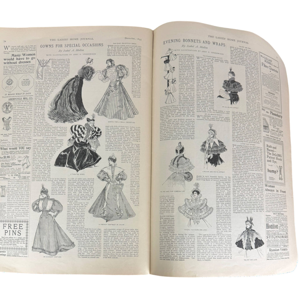 1895 Ladies Home Journal spread showing black-and-white illustrations of Victorian-era dresses and fashion 
