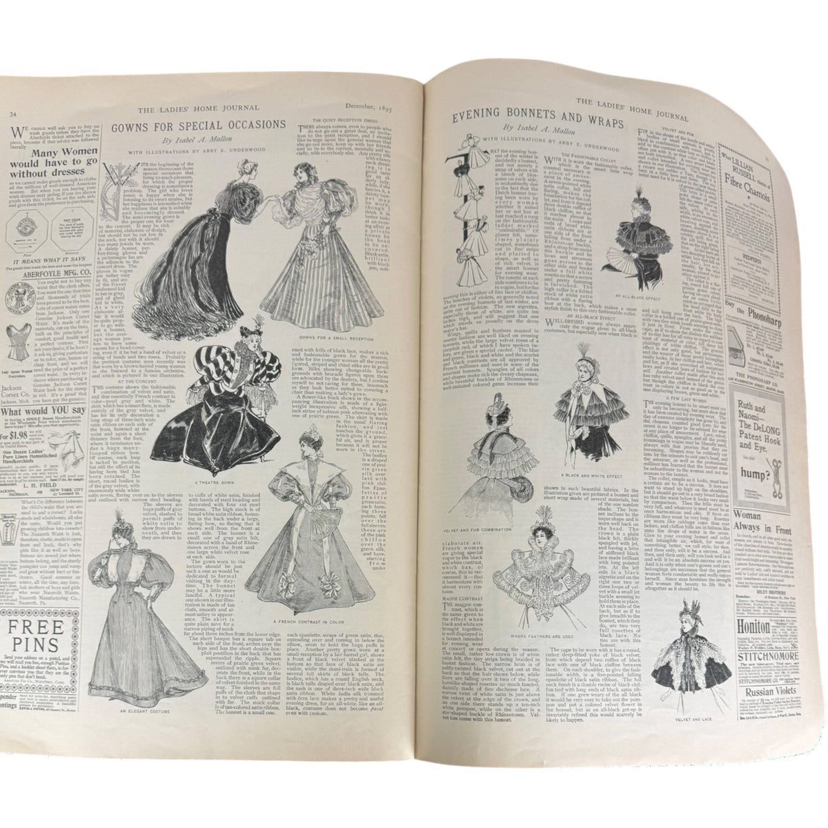 1895 Ladies Home Journal spread showing black-and-white illustrations of Victorian-era dresses and fashion 