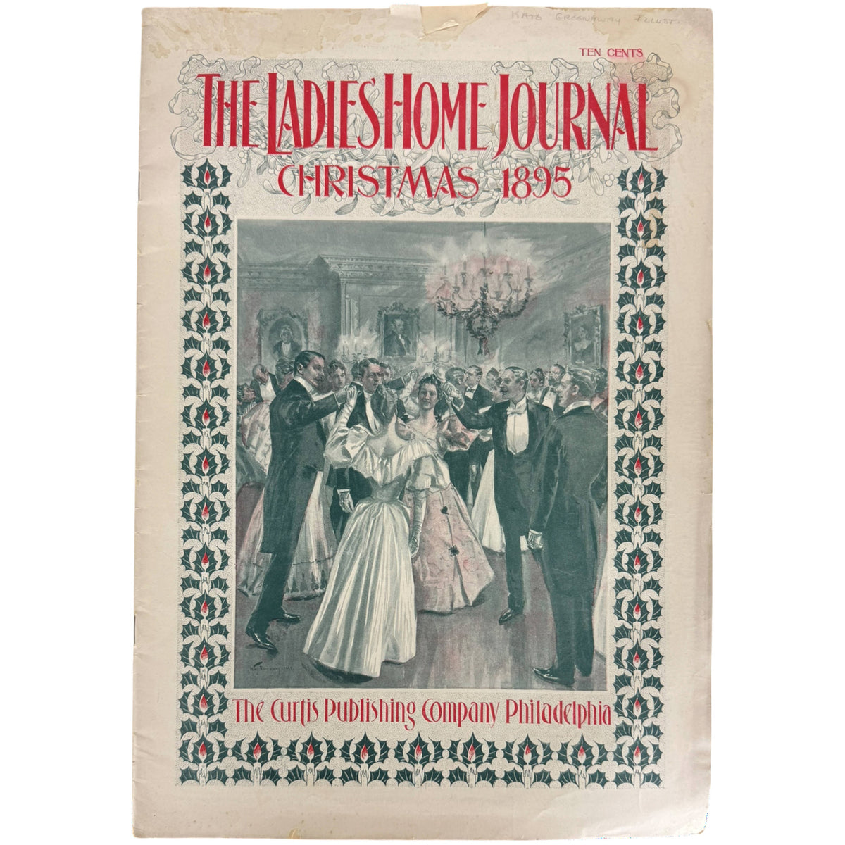 Vintage 1895 'The Ladies' Home Journal' Christmas issue cover from Philadelphia, featuring a central illustration of a festive ballroom scene with people in formal attire, surrounded by decorative borders and red title text at the top.
