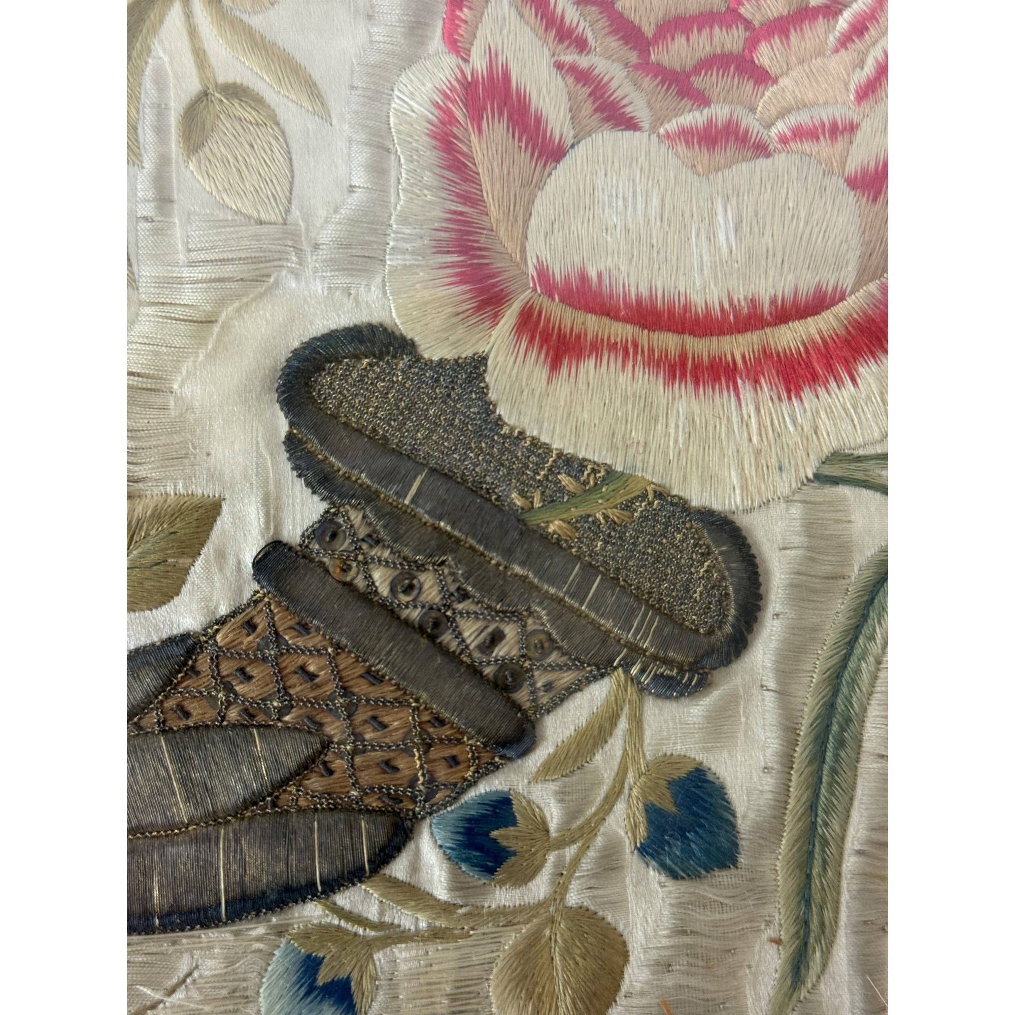 Framed 18th Century Silk Embroidery with Cornucopia & Flowers