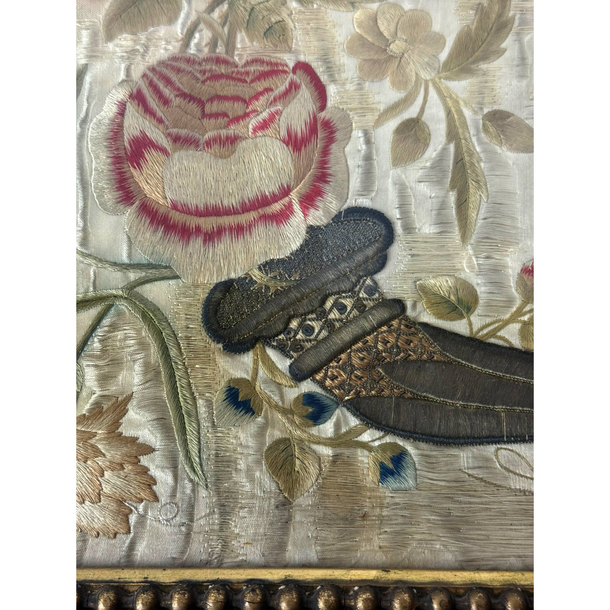 Framed 18th Century Silk Embroidery with Cornucopia & Flowers