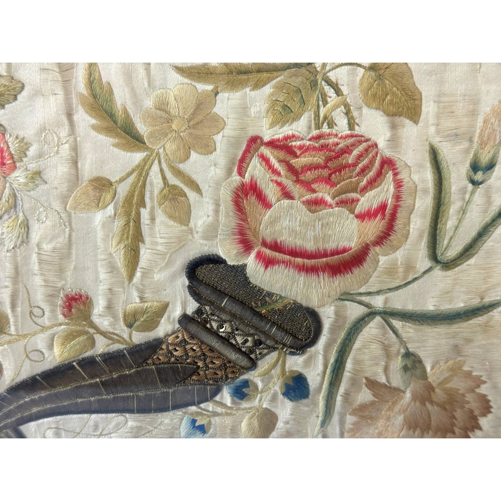 Framed 18th Century Silk Embroidery with Cornucopia & Flowers