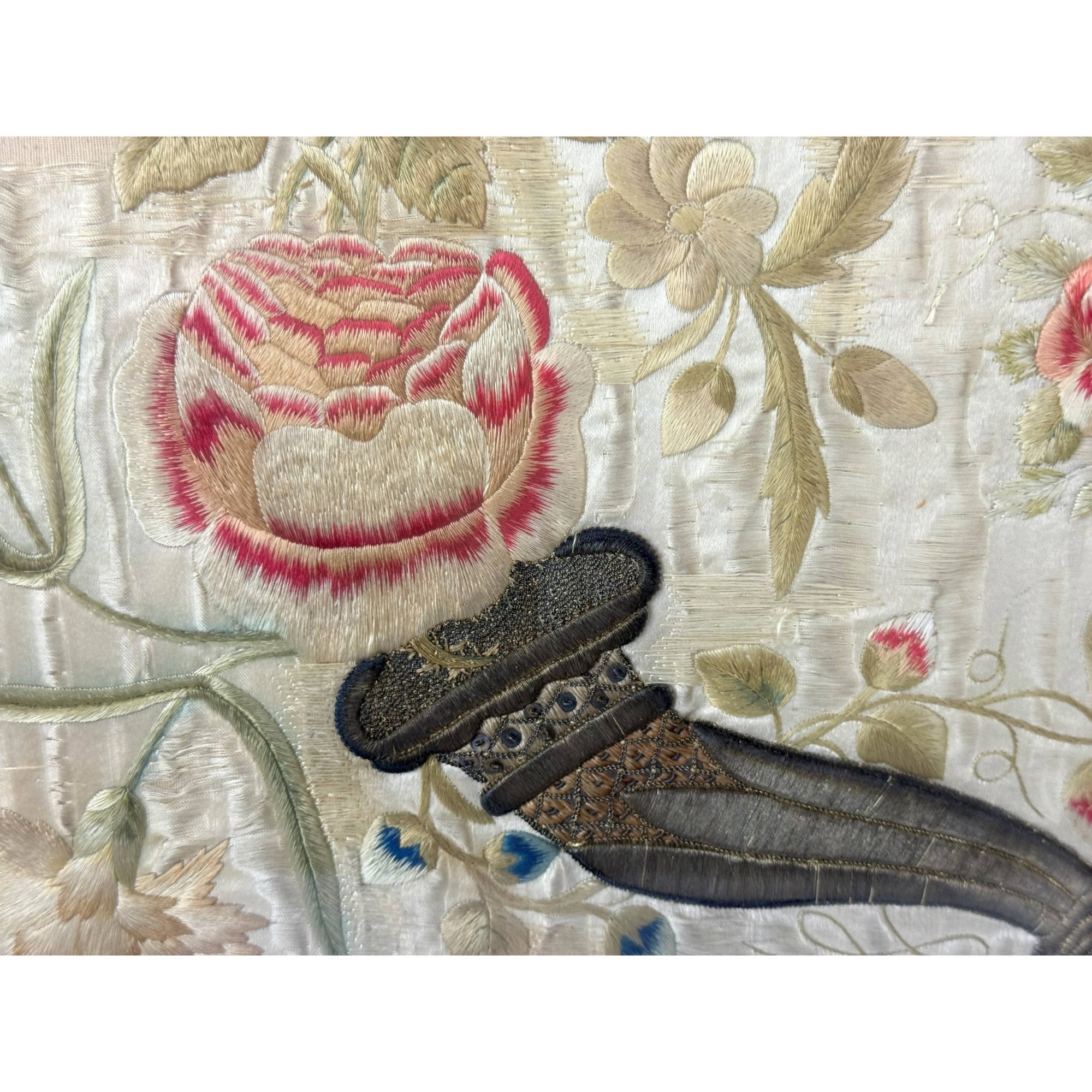 Framed 18th Century Silk Embroidery with Cornucopia & Flowers