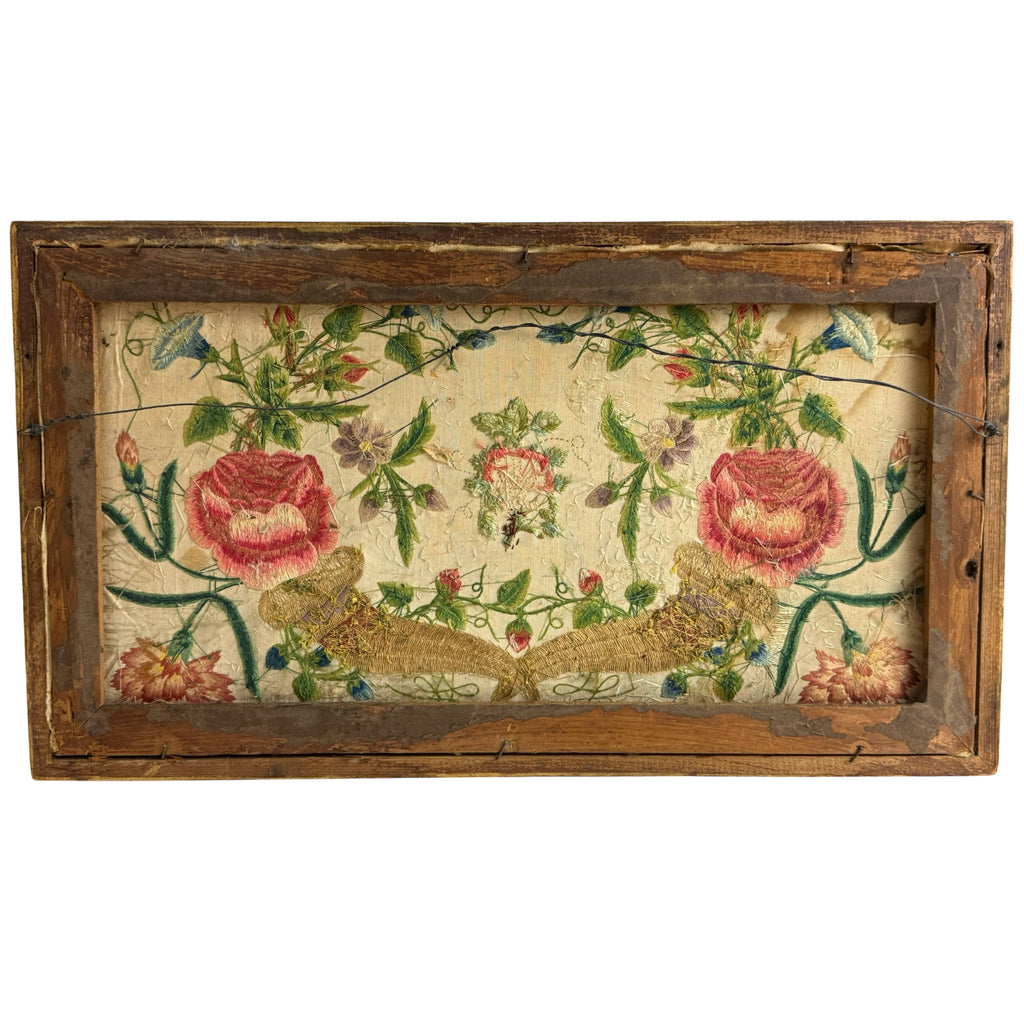 Framed 18th Century Silk Embroidery with Cornucopia & Flowers