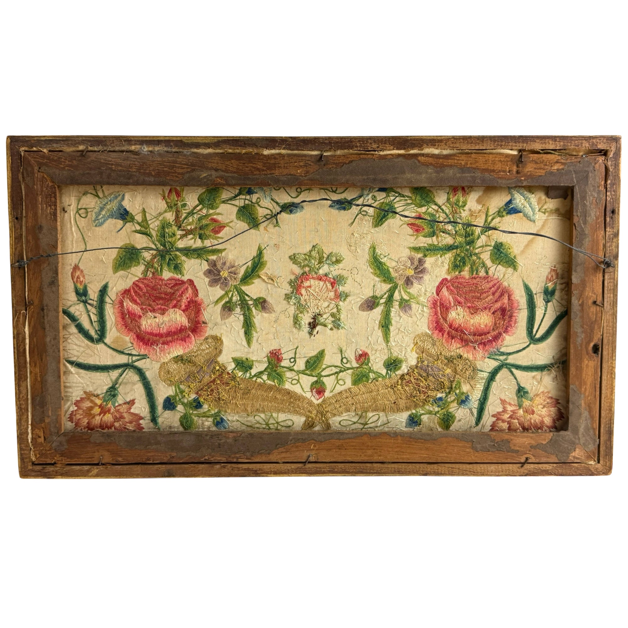 Framed 18th Century Silk Embroidery with Cornucopia & Flowers