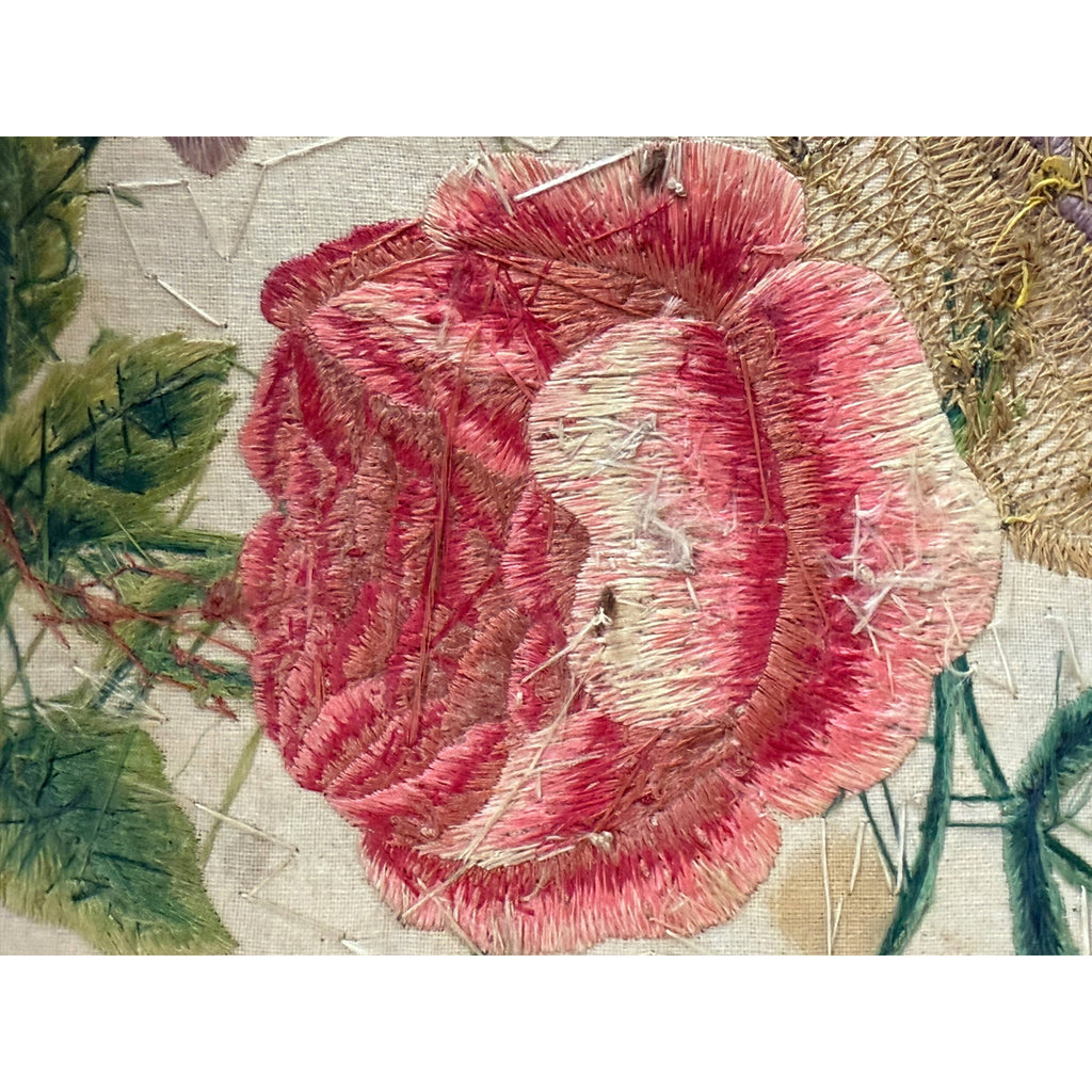 Framed 18th Century Silk Embroidery with Cornucopia & Flowers