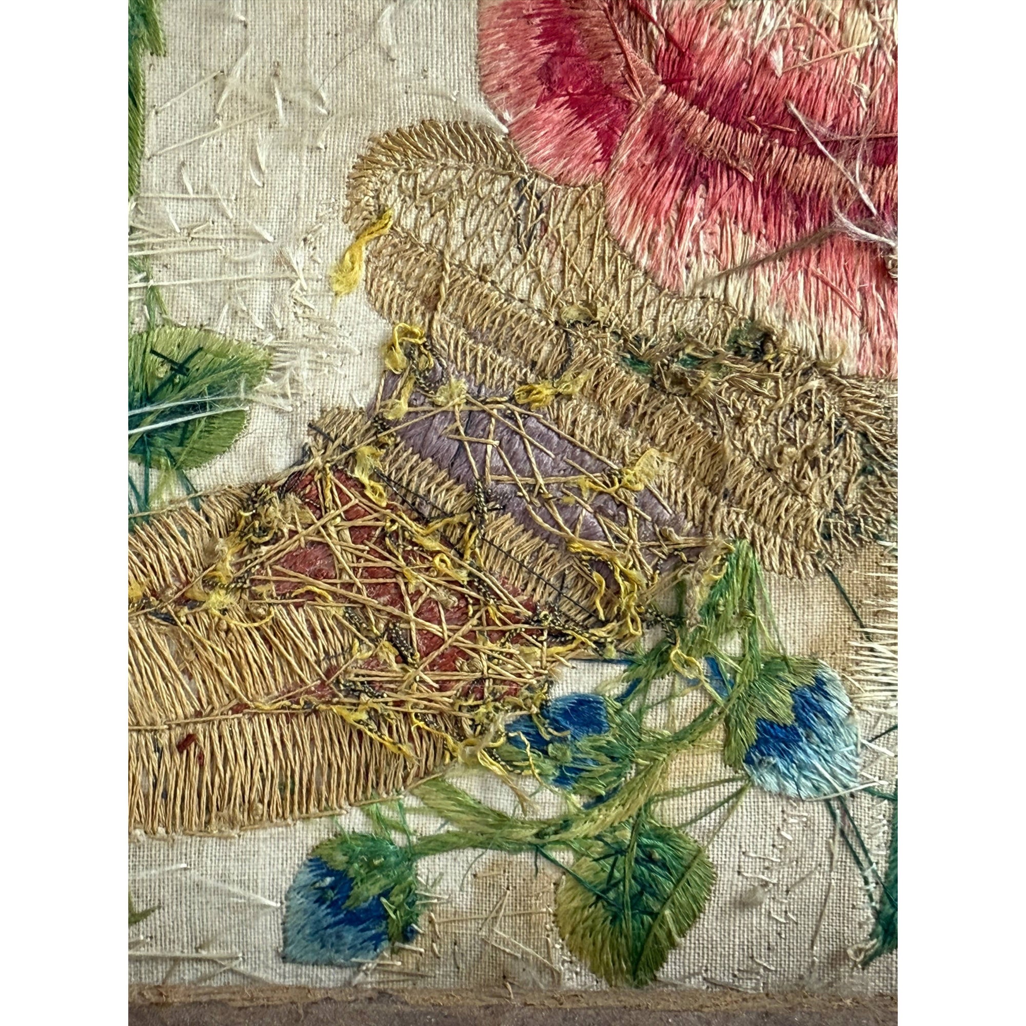 Framed 18th Century Silk Embroidery with Cornucopia & Flowers