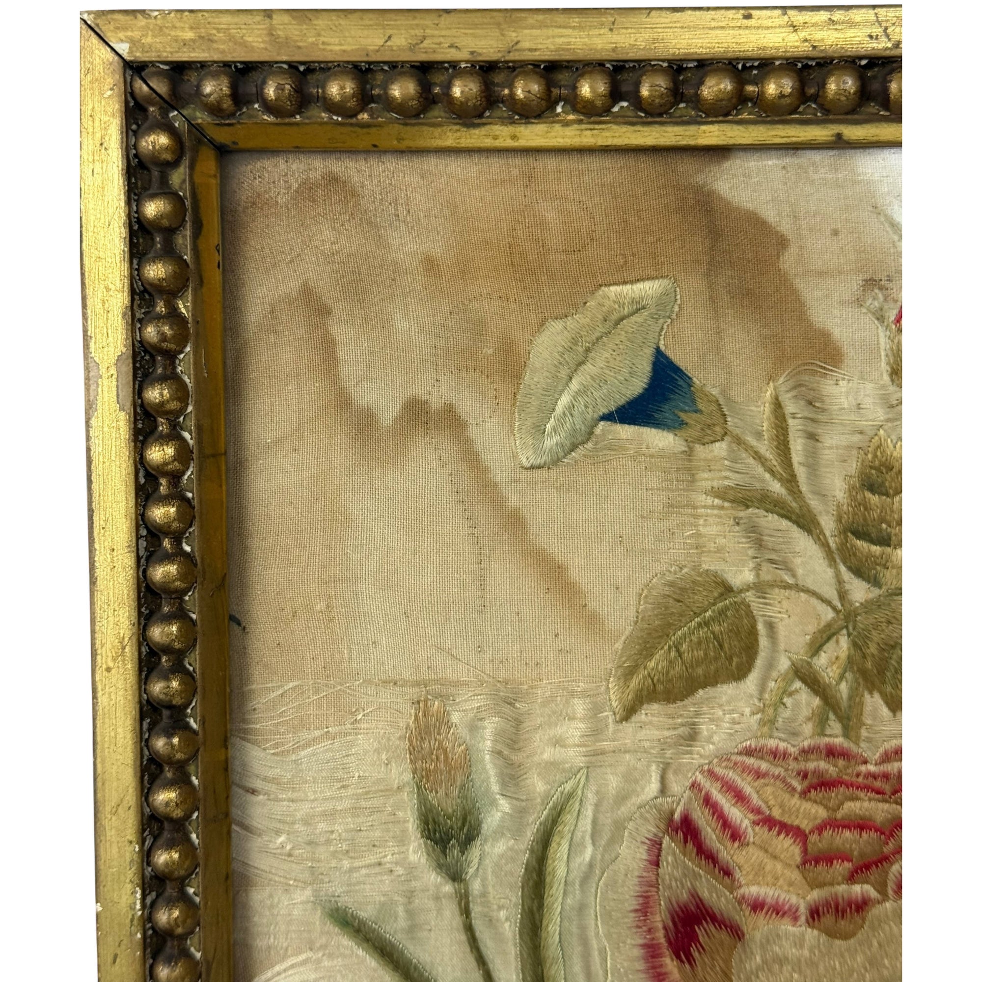 Framed 18th Century Silk Embroidery with Cornucopia & Flowers