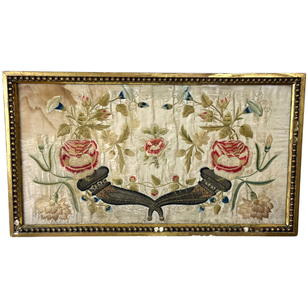 Framed 18th Century Silk Embroidery with Cornucopia & Flowers