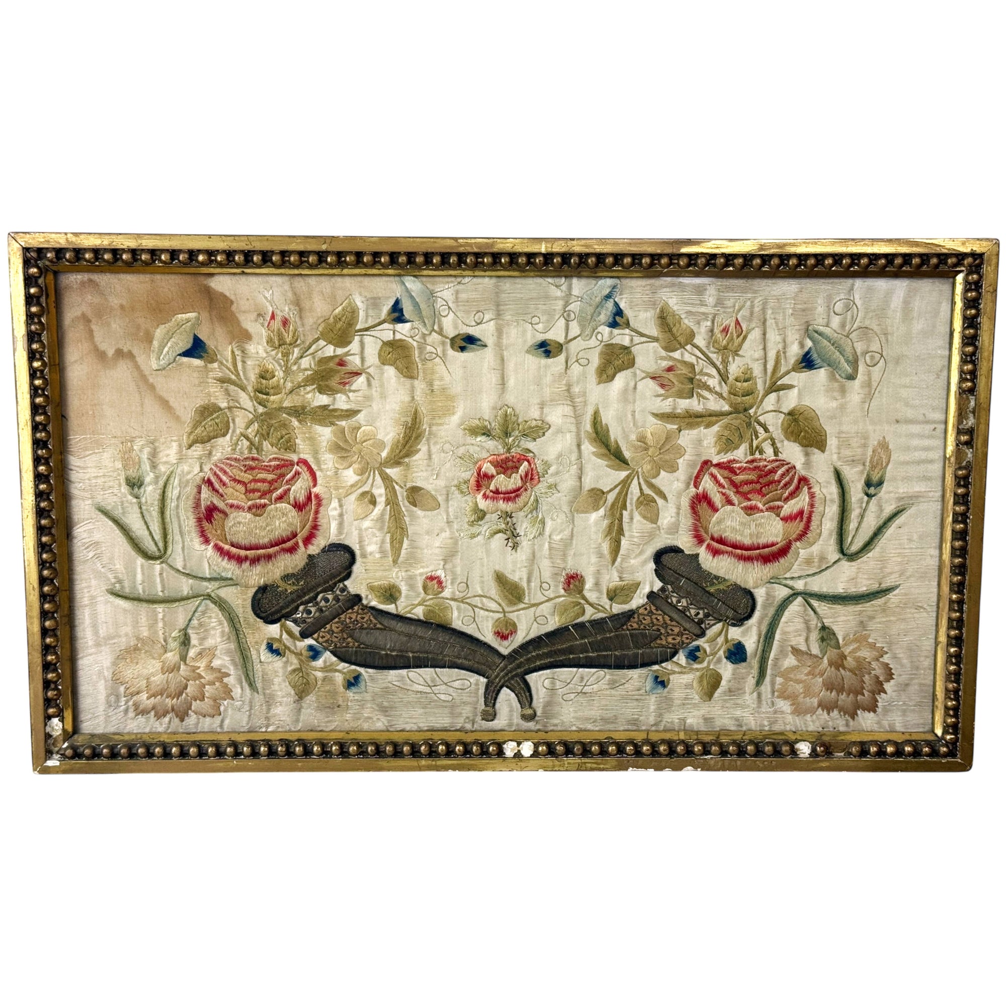 Framed 18th Century Silk Embroidery with Cornucopia & Flowers