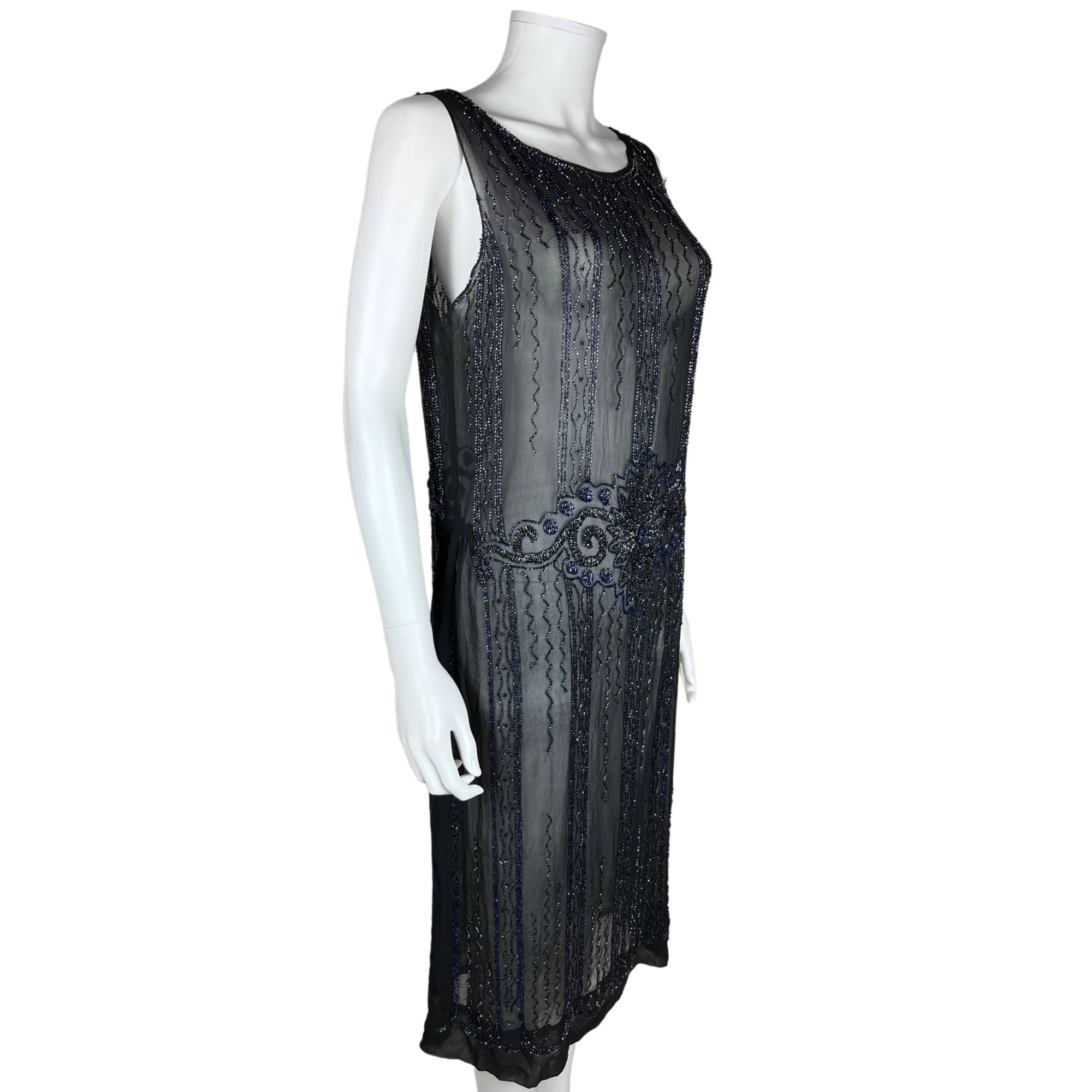 Vintage 1920s Flapper Dress Beaded Silk Chiffon Size M