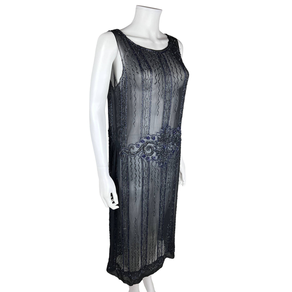 Vintage 1920s Flapper Dress Beaded Silk Chiffon Size M