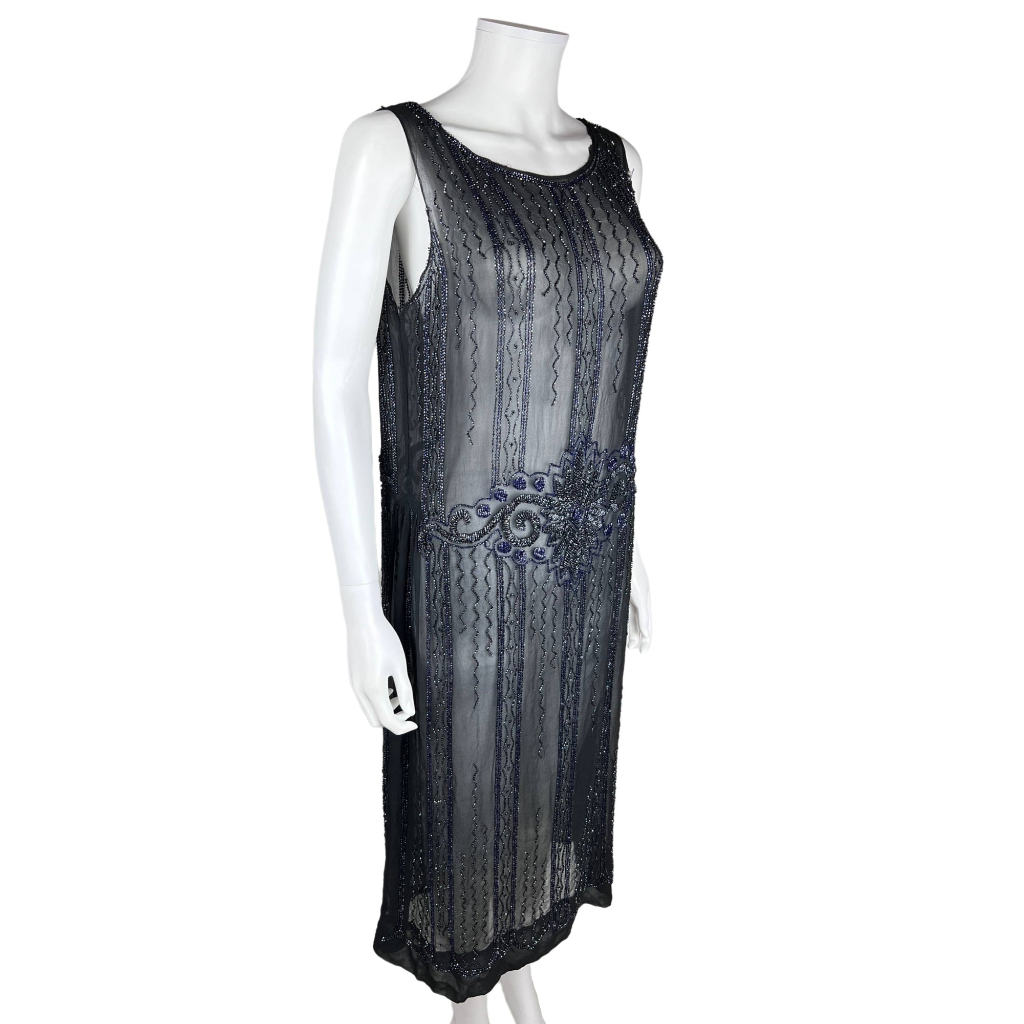 Vintage 1920s Flapper Dress Beaded Silk Chiffon Size M