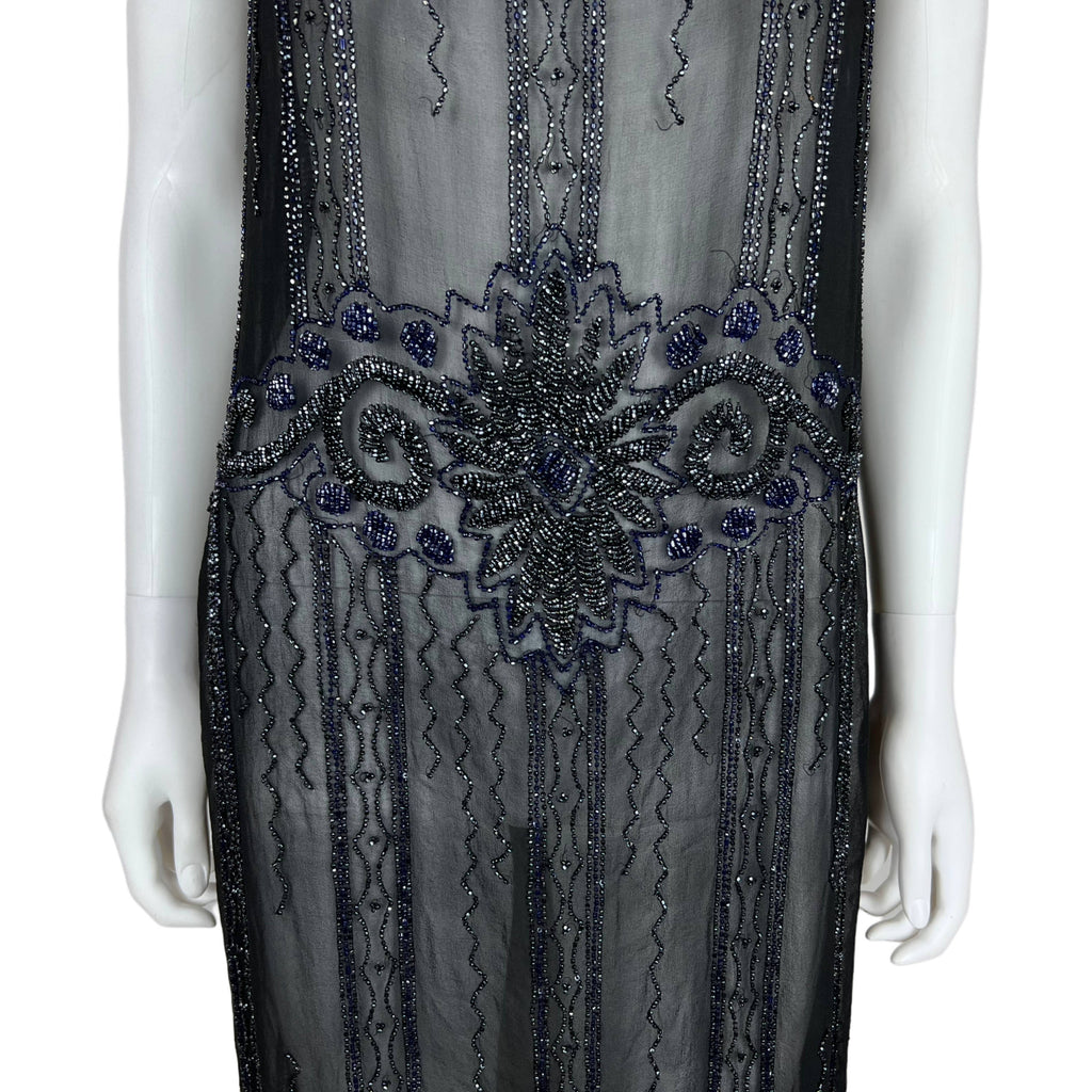 Vintage 1920s Flapper Dress Beaded Silk Chiffon Size M